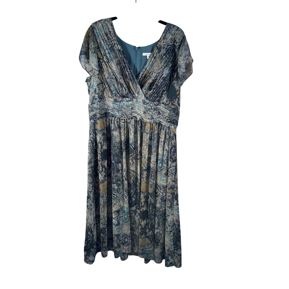 Coldwater Creek Teal Paisley Chiffon Midi Dress 14 Ruched Pleated Cottagecore